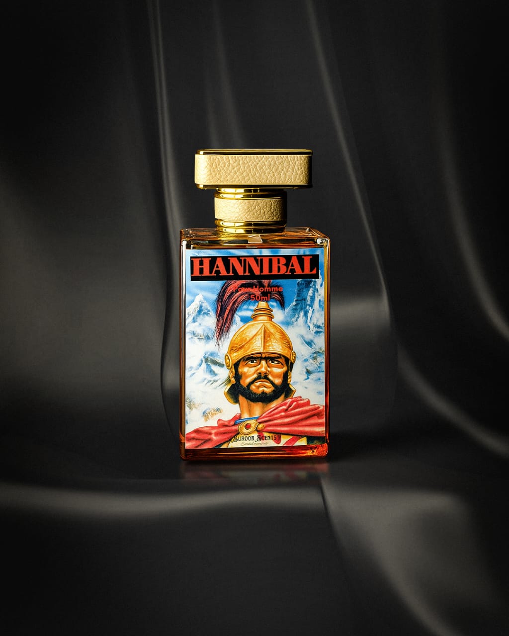 Bottle of Hannibal perfume, a luxurious amber-colored fragrance inspired by Thomas Kosmala No. 4