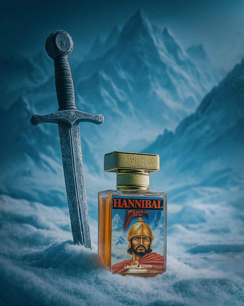 Bottle of Hannibal perfume, a luxurious amber-colored fragrance inspired by Thomas Kosmala No. 4