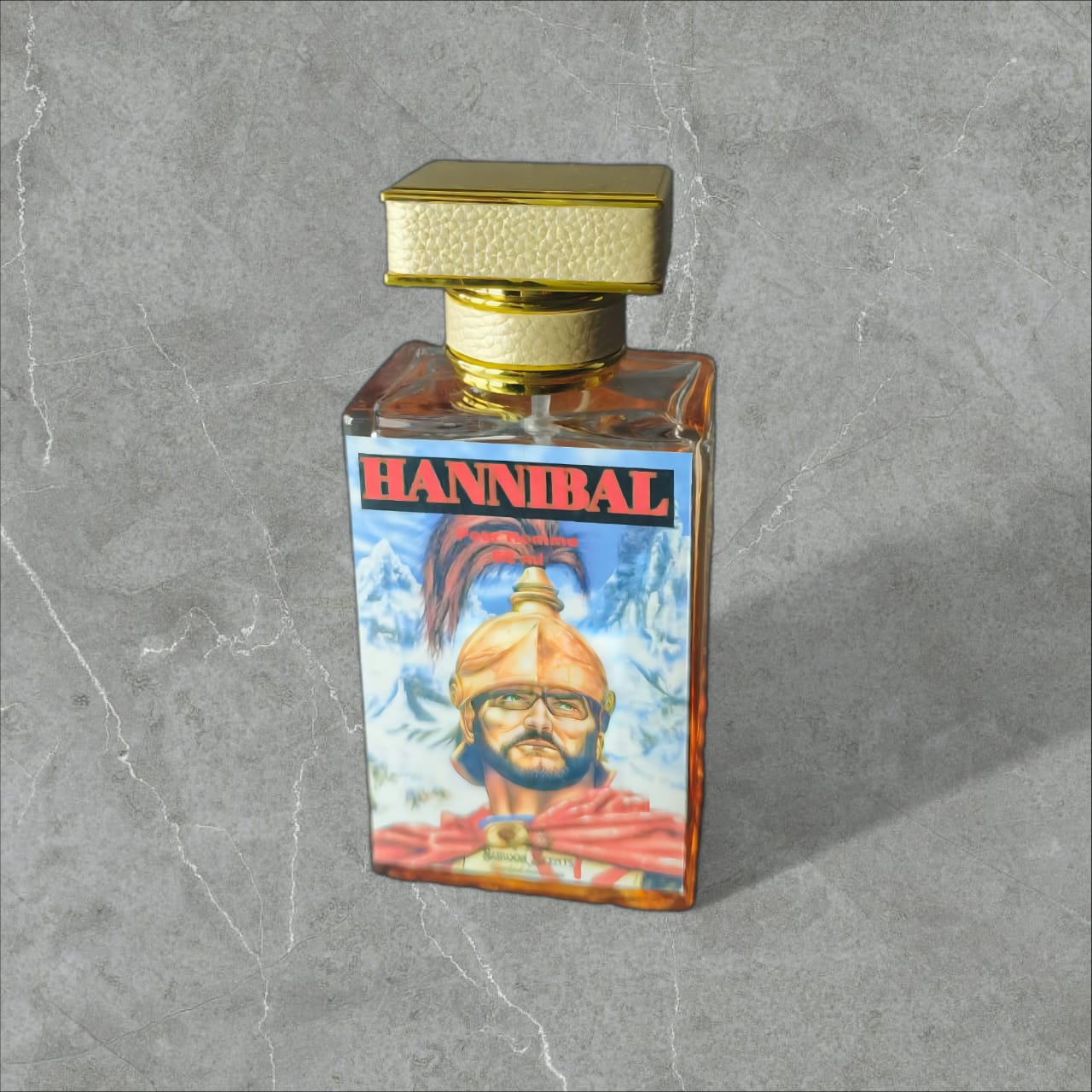 Bottle of Hannibal perfume, a luxurious amber-colored fragrance inspired by Thomas Kosmala No. 4