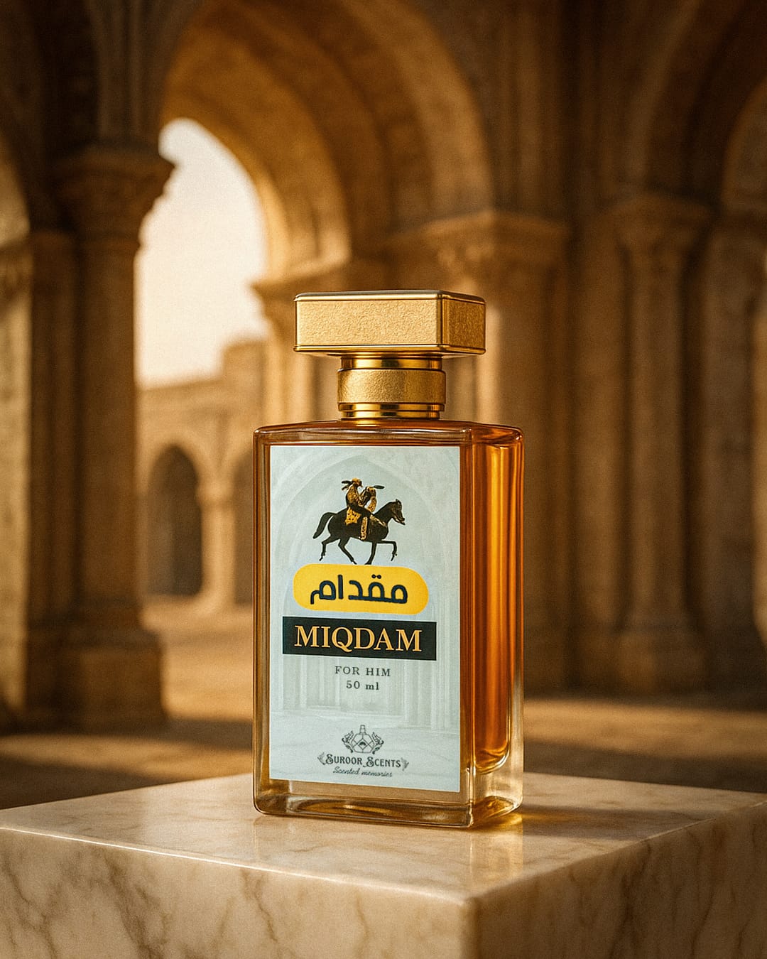 Bottle of Miqdam perfume, featuring a dark brown or amber liquid, inspired by Ameer Al Oud Intense
