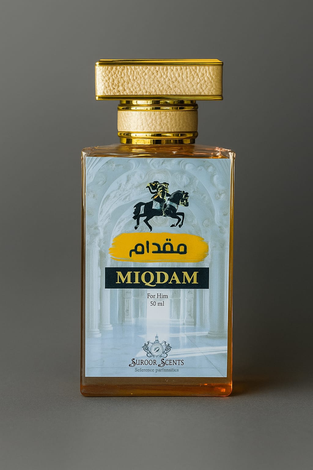 Bottle of Miqdam perfume, featuring a dark brown or amber liquid, inspired by Ameer Al Oud Intense